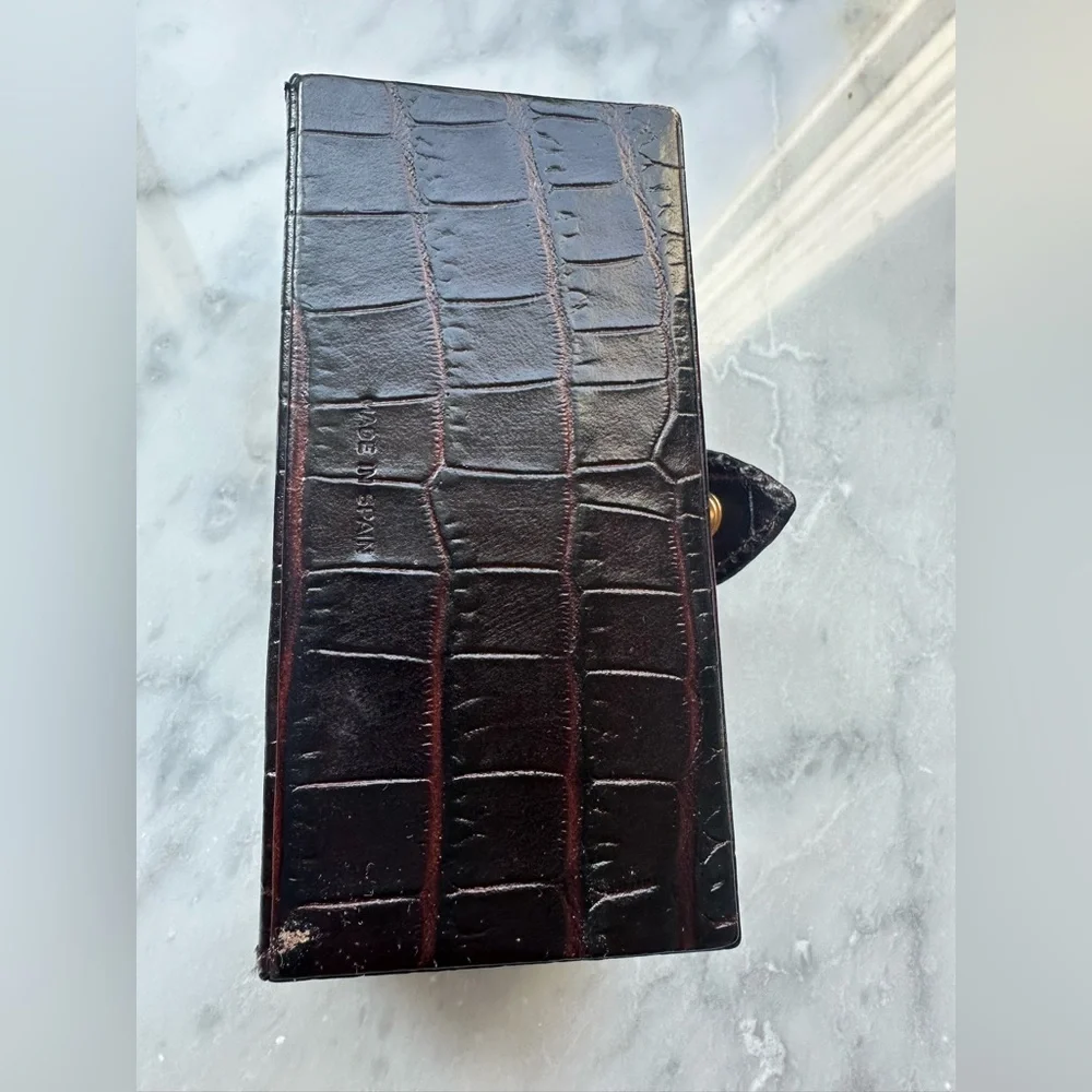 Smythson Dark Brown Croc-Embossed Jewelry Box with Gold Hardware